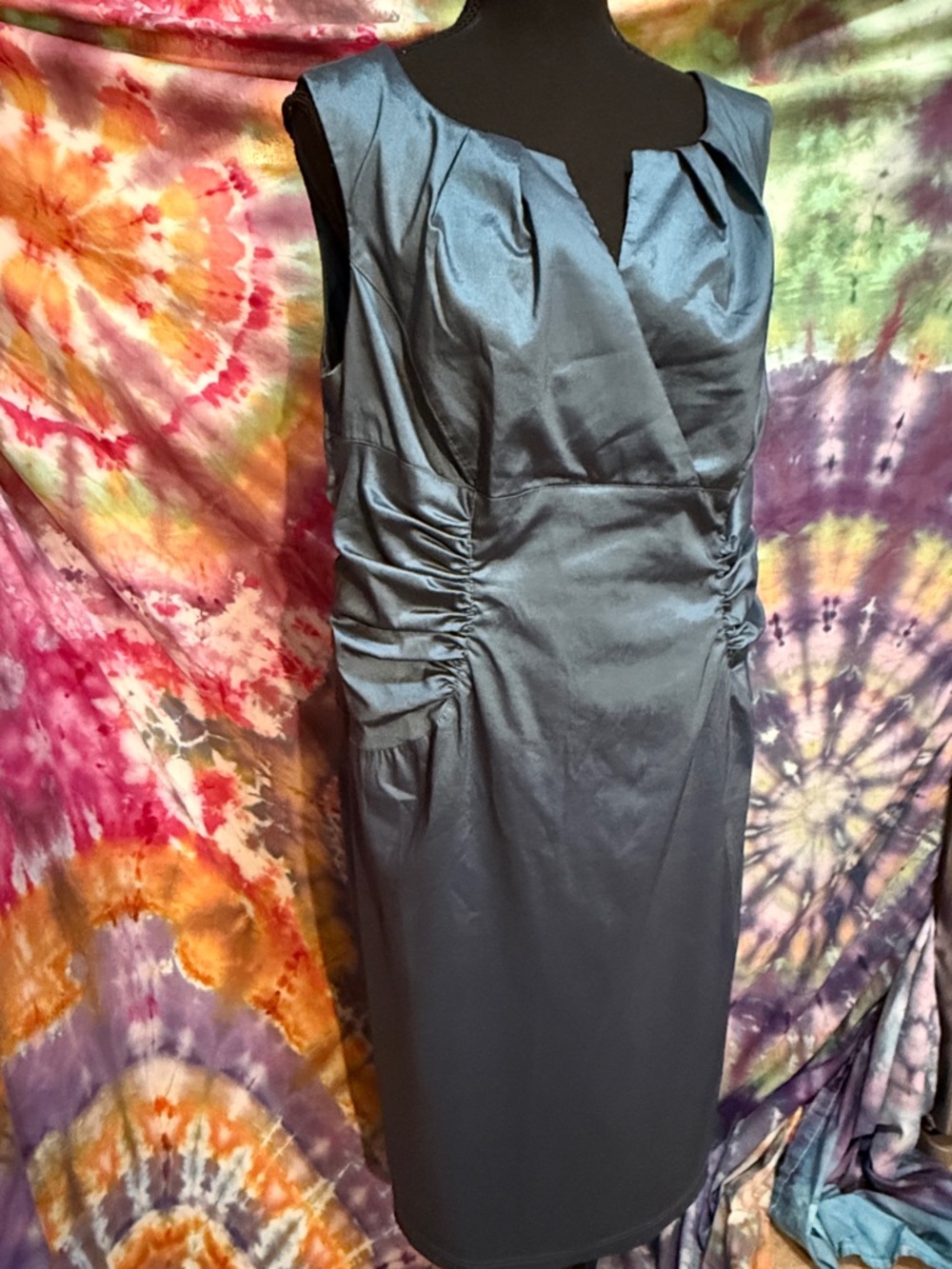 ADRIANNA PAPELL GRAY/BLUE METALLIC RUCHED COCKTAIL DRESS🌸